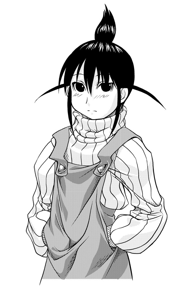 yn red, ogiue chika, genshiken, 00s, 1girl, dress, female focus, greyscale, hands in pockets, high ponytail, long sleeves, looking at viewer, monochrome, pinafore dress, ponytail, sleeveless, sleeveless dress, solo, topknot, turtleneck