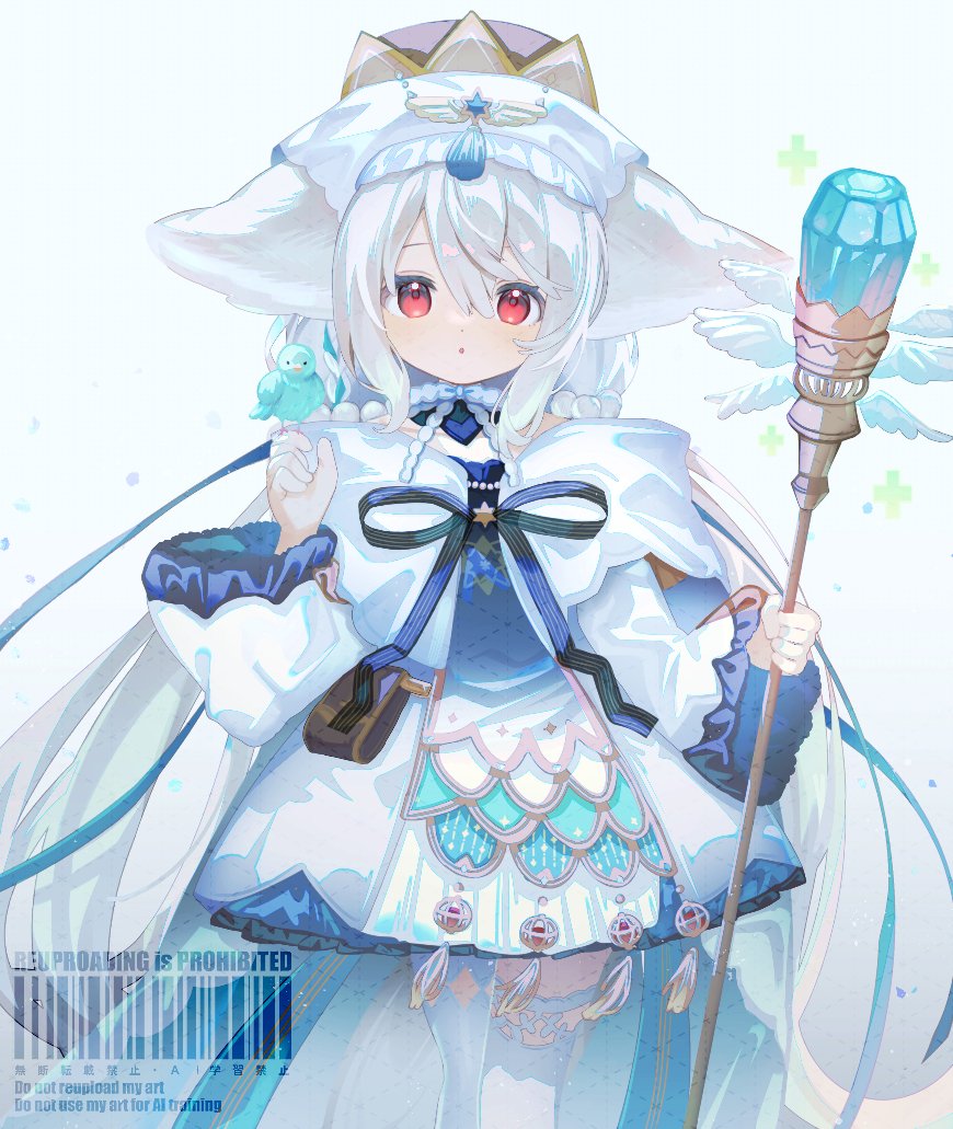 d omm, sakurada shiro (healer) (hy plus), sakurada shiro (hy plus), original, commentary, commission, english commentary, skeb commission, 1girl, animal ears, asymmetrical legwear, bird, bird on hand, coat, fox ears, fox girl, holding, holding staff, long hair, long sleeves, looking at viewer, mismatched legwear, open mouth, pantyhose, red eyes, single leg pantyhose, solo, staff, straight-on, thighhighs, very long hair, white background, white coat, white hair, white pantyhose, white thighhighs