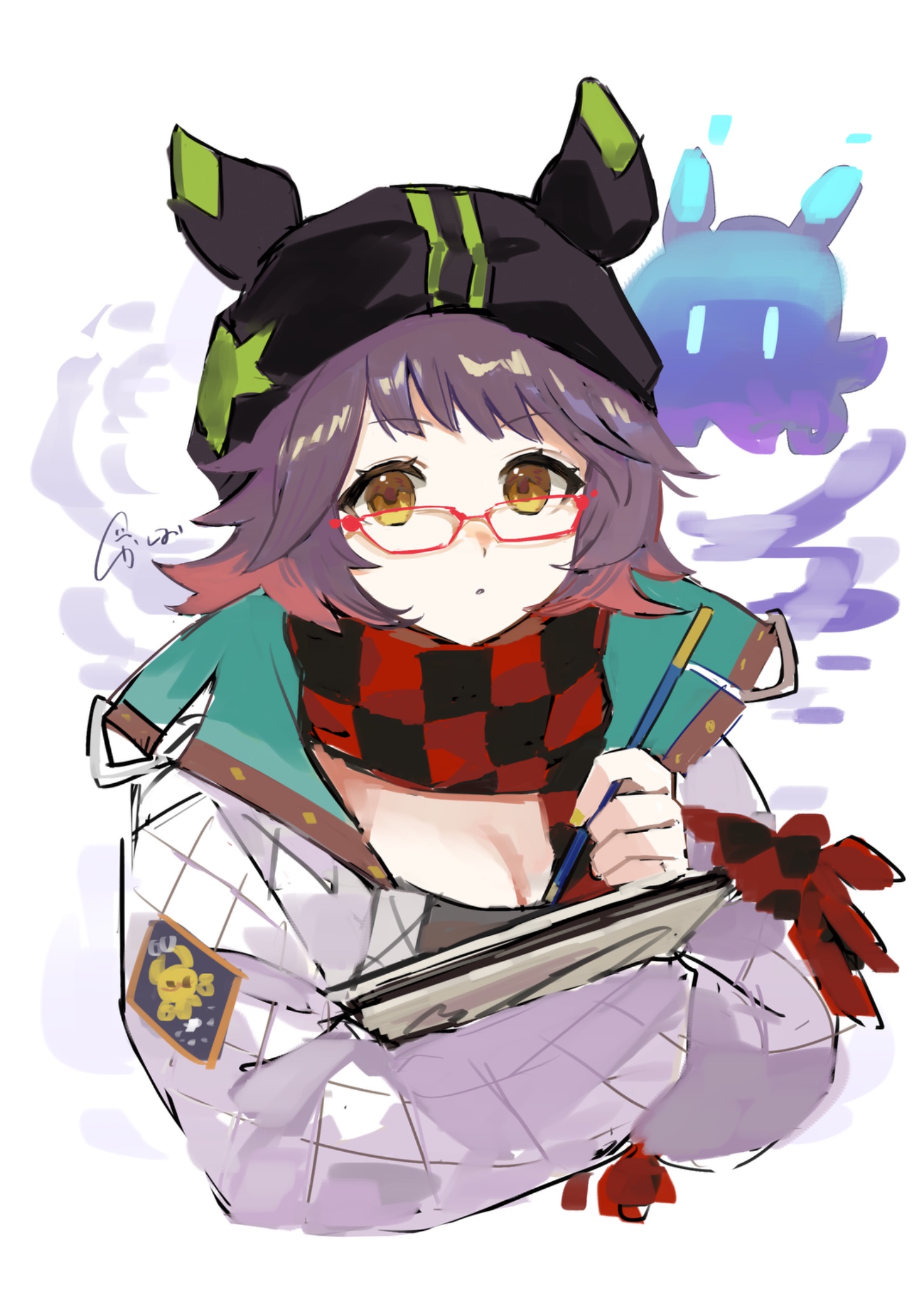 k-yosinori, deepcolor (arknights), arknights, commentary request, highres, 1girl, black hat, black scarf, breasts, brown eyes, checkered clothes, checkered scarf, cleavage, colored tips, glasses, hat, holding, holding pencil, holding sketchbook, jacket, looking at viewer, multicolored hair, pencil, purple hair, red-framed eyewear, red hair, red scarf, scarf, short hair, sketchbook, solo, two-tone scarf, white jacket