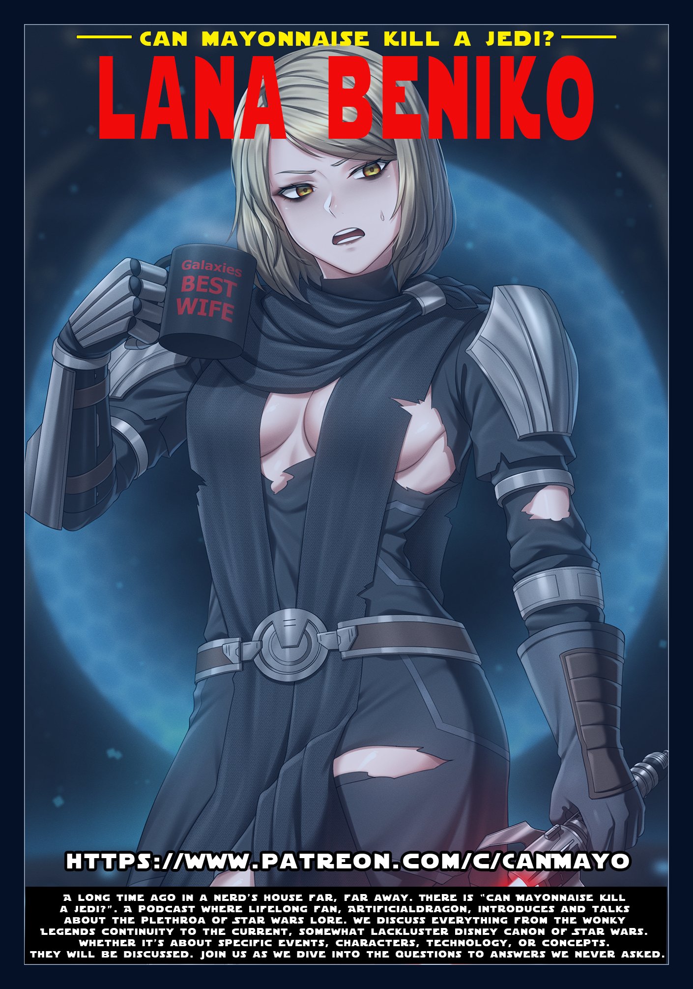 zxpfer, lana beniko, star wars, star wars: the old republic, highres, 1girl, armor, belt, black gloves, black scarf, blonde hair, breasts, coffee mug, cup, energy sword, eyeshadow, gauntlets, gloves, lightsaber, makeup, medium breasts, mug, open mouth, pauldrons, red lightsaber, scarf, short hair, shoulder armor, single gauntlet, sith, sweatdrop, sword, teeth, torn clothes, weapon, yellow eyes
