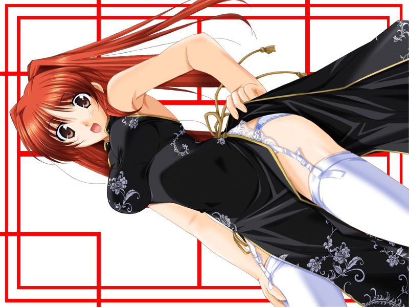 sakuragi hiroyuki, kousaka tamaki, to heart (series), to heart 2, 00s, 1girl, bare shoulders, blue panties, breasts, brown eyes, china dress, chinese clothes, dress, female focus, garter belt, garter straps, lingerie, long hair, looking at viewer, medium breasts, open mouth, panties, red hair, sleeveless, sleeveless dress, smile, solo, thighhighs, underwear, white panties, white thighhighs