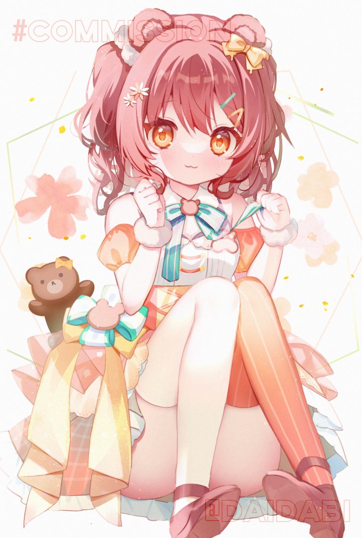 d omm, indie virtual youtuber, commission, skeb commission, 1girl, :3, animal ears, bear ears, convenient leg, dress, hair ornament, konomi meru, looking at viewer, orange eyes, red hair, sitting, solo, striped clothes, striped thighhighs, stuffed animal, stuffed toy, teddy bear, thighhighs, vertical-striped clothes, vertical-striped thighhighs, virtual youtuber