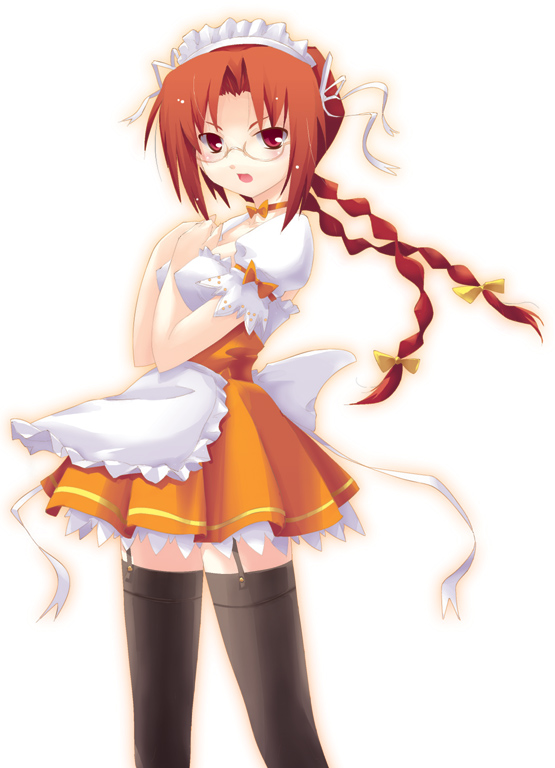 dasoku sentarou, original, 1girl, :o, apron, between breasts, black thighhighs, blouse, bow, bowtie, braid, breasts, brown hair, choker, collarbone, female focus, garter straps, glasses, hair ribbon, looking at viewer, maid headdress, open mouth, orange skirt, pleated skirt, puffy short sleeves, puffy sleeves, red eyes, ribbon, shirt, short sleeves, simple background, skirt, solo, standing, thighhighs, twin braids, waist apron, waitress, white background, white bow, white shirt, yellow ribbon