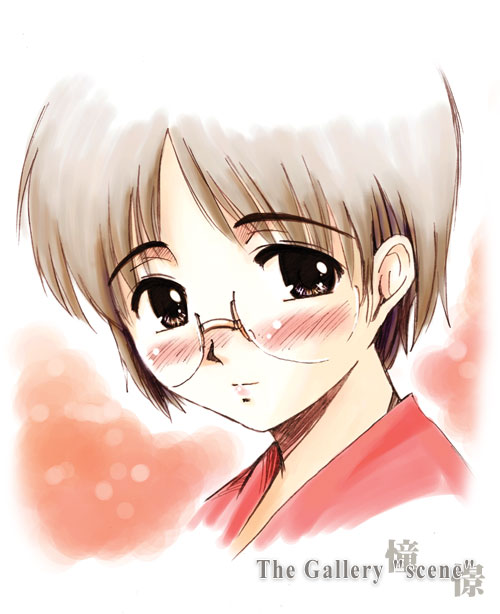 ooshiro youkou, original, 1girl, blush, brown eyes, brown hair, female focus, glasses, short hair, simple background, solo