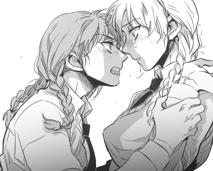 anna (frozen), elsa (frozen), frozen (disney), commentary request, korean commentary, 2girls, blush, braid, collared shirt, crying, crying with eyes open, eye contact, freckles, from side, greyscale, hair over shoulder, hand up, holding another's arm, long hair, looking at another, monochrome, multiple girls, necktie, open mouth, parted lips, shirt, siblings, sisters, sketch, tears, ul (4a7000), upper body