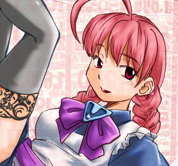 we-tan, futaba channel, os-tan, lace-trimmed legwear, exif thumbnail surprise, !, 1girl, ahoge, blush, bow, braid, female focus, grey thighhighs, lace, lace trim, legs, legs up, lipstick, long hair, looking at viewer, maid, makeup, pink hair, red eyes, solo, thighhighs, twin braids