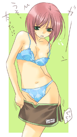 minase ruruu, hunter (ragnarok online), ragnarok online, blue panties, bra, clothes pull, green eyes, hunter, lingerie, no shirt, panties, red hair, skirt, skirt pull, solo, underwear