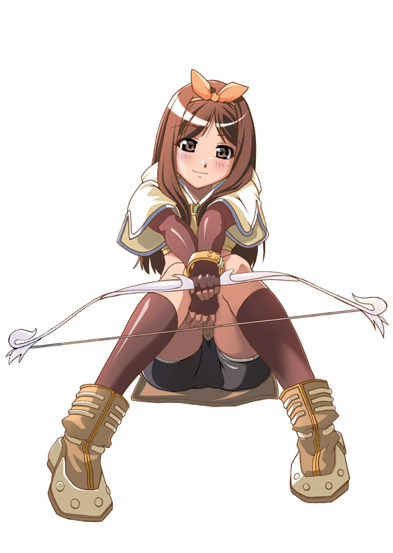 hunter (ragnarok online), ragnarok online, bow, bow (weapon), brown socks, hunter, kneehighs, ribbon, socks, solo, weapon