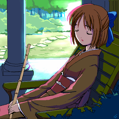 gob (majo no sumau ie), kohaku (tsukihime), tsukihime, lowres, 00s, 1girl, bow, brown hair, bush, chair, closed eyes, female focus, hair bow, half updo, jaggy lines, japanese clothes, leaning back, short hair, sitting, sleeping, sleepy, solo, tree, wooden chair