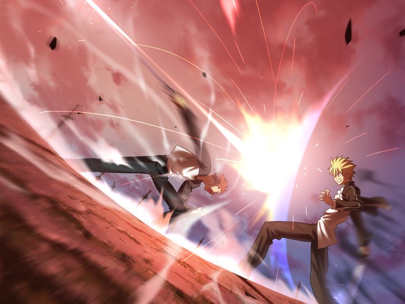 takeuchi takashi, emiya shirou, gilgamesh (fate), gilgamesh (immoral biker jacket) (fate), fate/stay night, fate (series), type-moon, game cg, 00s, 1girl, 2boys, alternate costume, alternate hairstyle, battle, blonde hair, brown hair, clenched teeth, dutch angle, epic, field of blades, fighting, jacket, male focus, multiple boys, official alternate costume, open clothes, open jacket, open mouth, pants, planted, planted sword, planted weapon, raglan sleeves, red eyes, short hair, sky, slashing, sword, teeth, unlimited blade works (reality marble), weapon