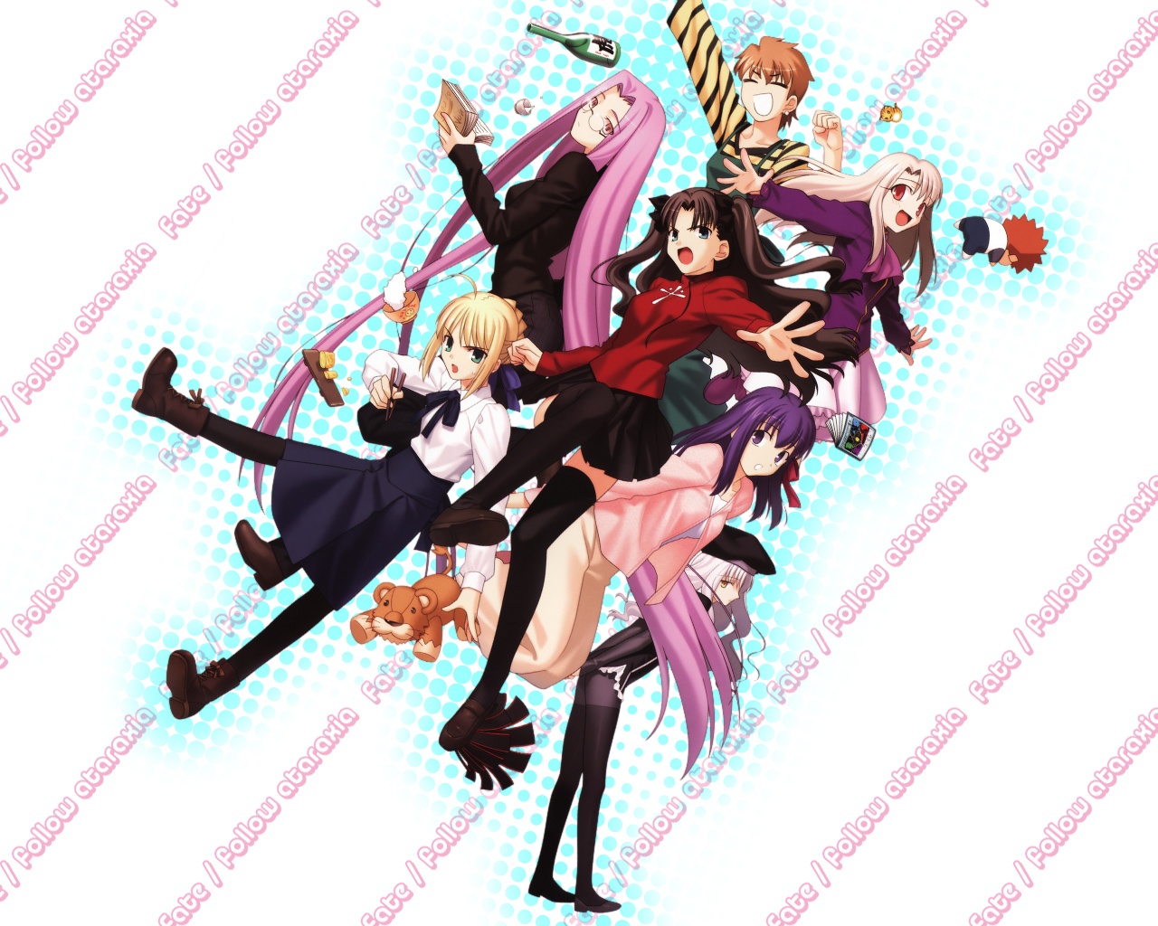 takeuchi takashi, artoria pendragon (fate), caren hortensia, fujimura taiga, illyasviel von einzbern, matou sakura, medusa (fate), medusa (rider) (fate), saber (fate), tohsaka rin, fate/hollow ataraxia, fate/stay night, fate (series), type-moon, 00s, 6+girls, ahoge, beret, blonde hair, book, boots, bottle, brown hair, chopsticks, everyone, glasses, hair ribbon, hat, holding, holding book, legs, lion, long hair, long legs, multiple girls, pantyhose, purple hair, ribbon, skirt, square pupils, stuffed animal, stuffed lion, stuffed toy, twintails, very long hair
