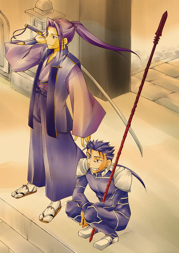 cu chulainn (fate), cu chulainn (fate/stay night), sasaki kojirou (fate), fate/stay night, fate (series), white legwear, 00s, 2boys, :d, armor, assassin, blue hair, collarbone, earrings, gae bolg (fate), grin, hair ribbon, japanese clothes, jewelry, katana, lance, long hair, male focus, multiple boys, ootachi, open mouth, outdoors, over shoulder, pillar, polearm, ponytail, purple hair, red eyes, ribbon, sandals, shoulder pads, smile, socks, spear, spiked hair, squatting, standing, stone floor, sword, weapon, white ribbon, zouri