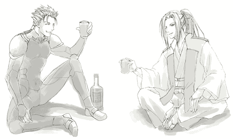 cu chulainn (fate), cu chulainn (fate/stay night), sasaki kojirou (fate), fate/stay night, fate (series), lowres, 00s, 2boys, alcohol, assassin, greyscale, male focus, monochrome, multiple boys, sake
