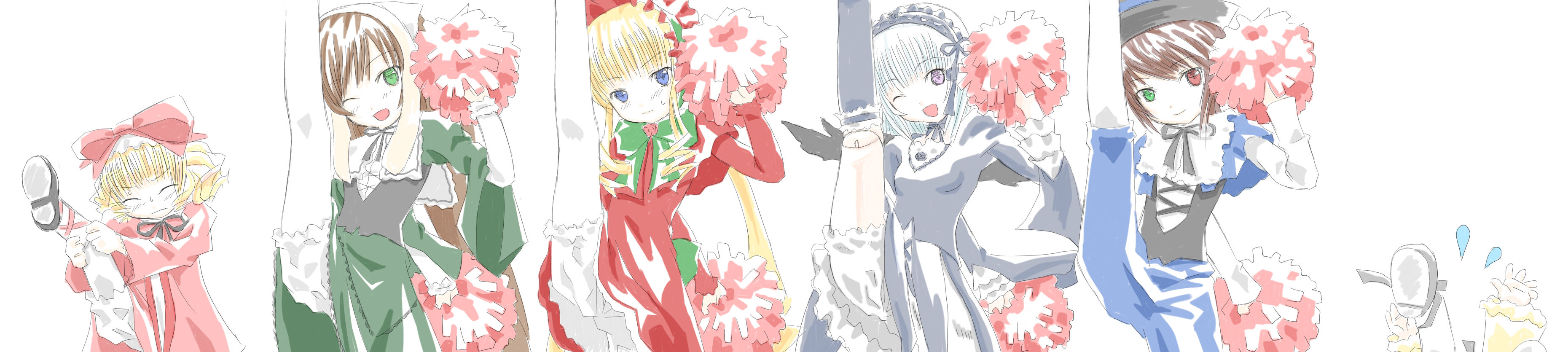 hinaichigo, kanaria, shinku, souseiseki, suigintou, suiseiseki, rozen maiden, absurdres, highres, long image, wide image, 00s, 6+girls, blonde hair, bloomers, bow, everyone, kicking, multiple girls, pink bow, shoes, siblings, sisters, twins, underwear