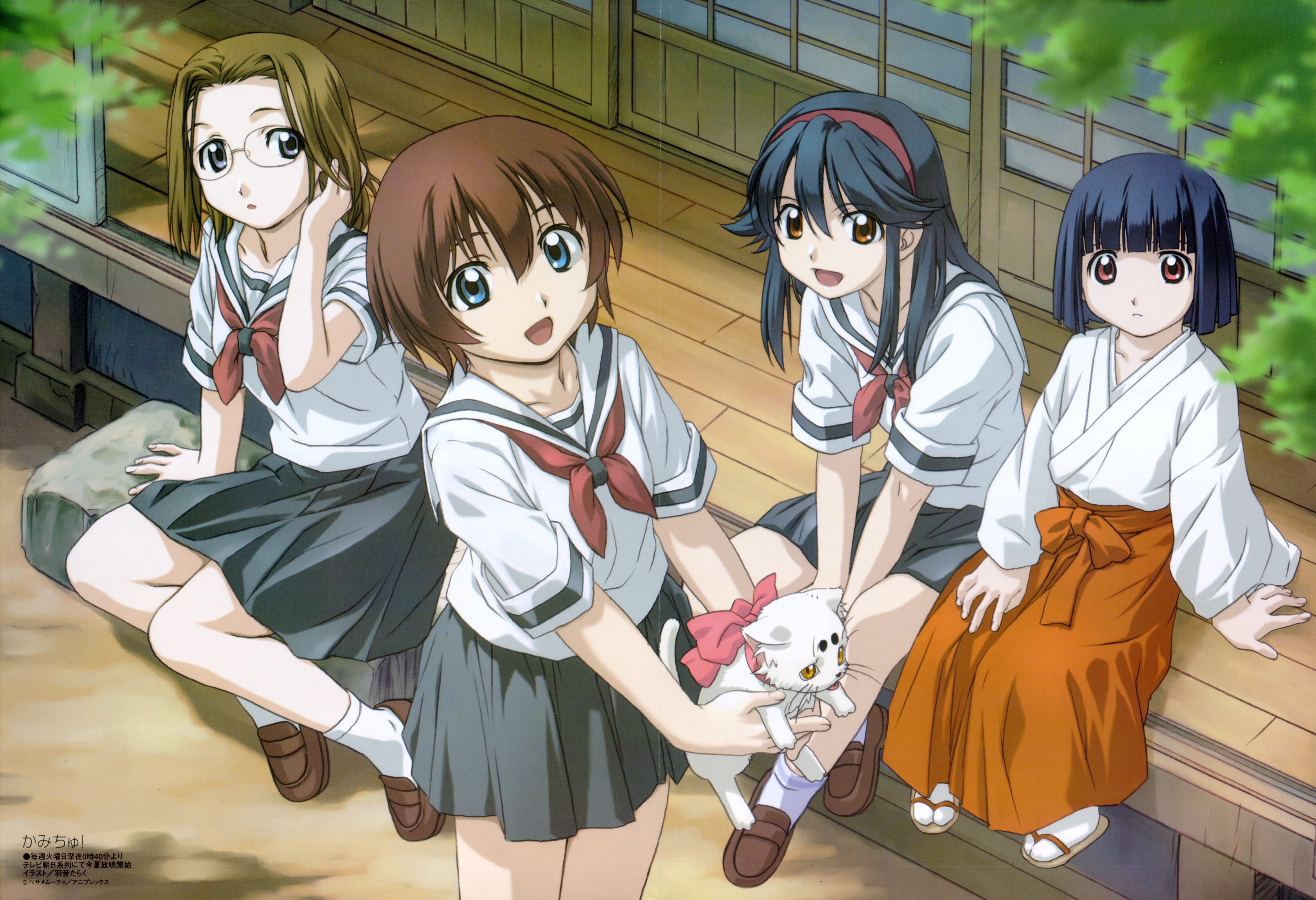 uon taraku, hitotsubashi tama, hitotsubashi yurie, saegusa matsuri, saegusa miko, shijou mitsue, kamichu!, megami magazine, absurdres, highres, non-web source, official art, scan, 00s, 4girls, adjusting hair, animal, arm support, blue eyes, blue hair, bob cut, bow, brown eyes, cat, child, everyone, glasses, hairband, hakama, hakama skirt, holding, japanese clothes, long hair, miko, multiple girls, outdoors, red eyes, school uniform, serafuku, shoes, short hair, sitting, skirt, smile, socks