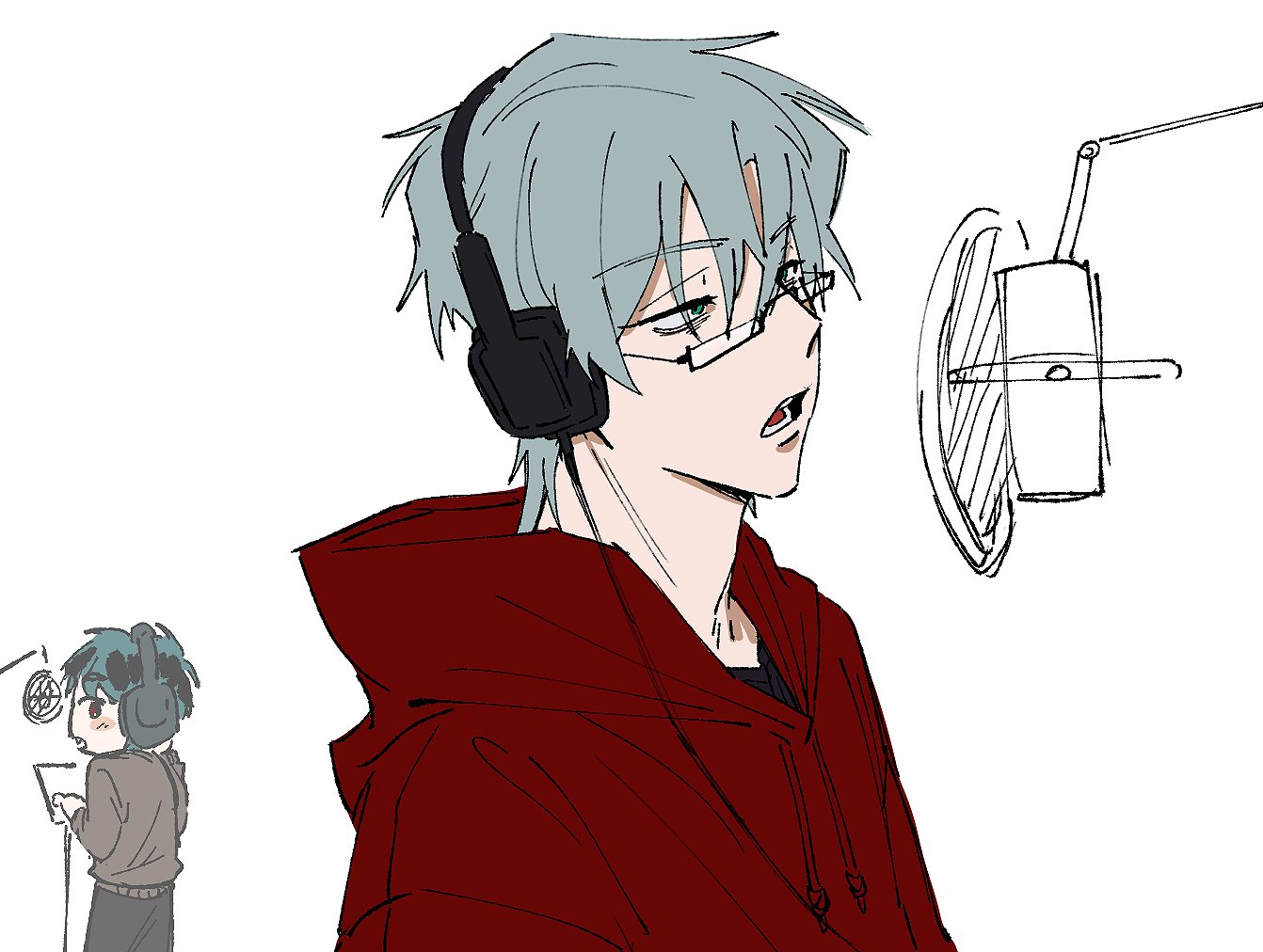 br3adhouse, ivan (alien stage), till (alien stage), alien stage, bad id, bad twitter id, 2boys, glasses, green eyes, grey hair, headphones, hood, hoodie, male focus, microphone, multiple boys, pop filter, rectangular eyewear, red hoodie, studio microphone