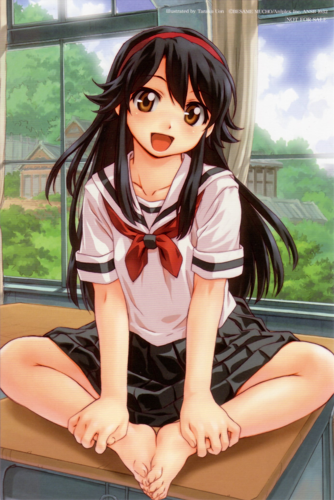 uon taraku, saegusa matsuri, kamichu!, highres, 00s, 1girl, :d, barefoot, black hair, brown eyes, butterfly sitting, copyright notice, desk, feet, feet together, female focus, hairband, hands on feet, indoors, knees apart feet together, long hair, on desk, open mouth, pleated skirt, school desk, school uniform, serafuku, sitting, skirt, smile, solo, toes