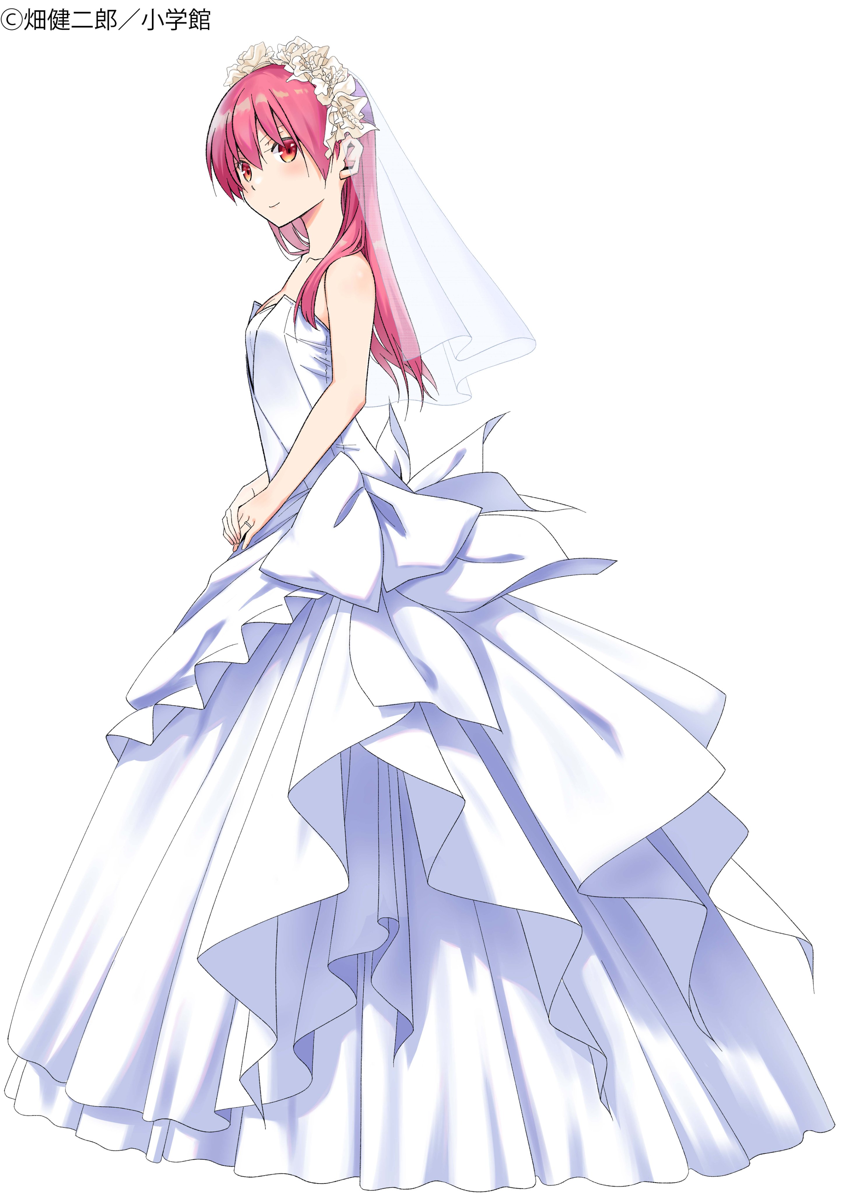 hata kenjirou, yuzaki tsukasa, tonikaku kawaii, absurdres, highres, official art, 1girl, blush, breasts, bridal veil, bride, closed mouth, copyright logo, dress, hair between eyes, jewelry, long hair, looking at viewer, pink hair, red eyes, ring, simple background, smile, solo, standing, veil, wedding dress, wedding ring, white background, white dress