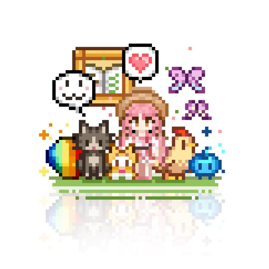 momo (nikki), nikki (nikki), perfect start (infinity nikki), infinity nikki, nikki (series), stardew valley, chinese commentary, commentary request, 1girl, animal, apple, belt, bird, black belt, black ribbon, book, bookshelf, bow, bow choker, bowtie, brown eyes, brown hat, bug, butterfly, cat, chibi, chicken, choker, clothed animal, food, food-themed creature, frilled skirt, frills, fruit, hair ribbon, hat, heart, insect, layered skirt, long hair, long sleeves, low twintails, miniskirt, no mouth, open book, parody, pink bow, pink bowtie, pink choker, pink hair, pink shoes, pink skirt, pixel art, purple butterfly, reflective floor, ribbon, shirt, shoes, simple background, skirt, socks, sparkle, speech bubble, spoken heart, spoken smile, sprite art, standing, straw hat, style parody, tress ribbon, twintails, very long hair, white background, white cat, white shirt, white socks, wo shi tiancai
