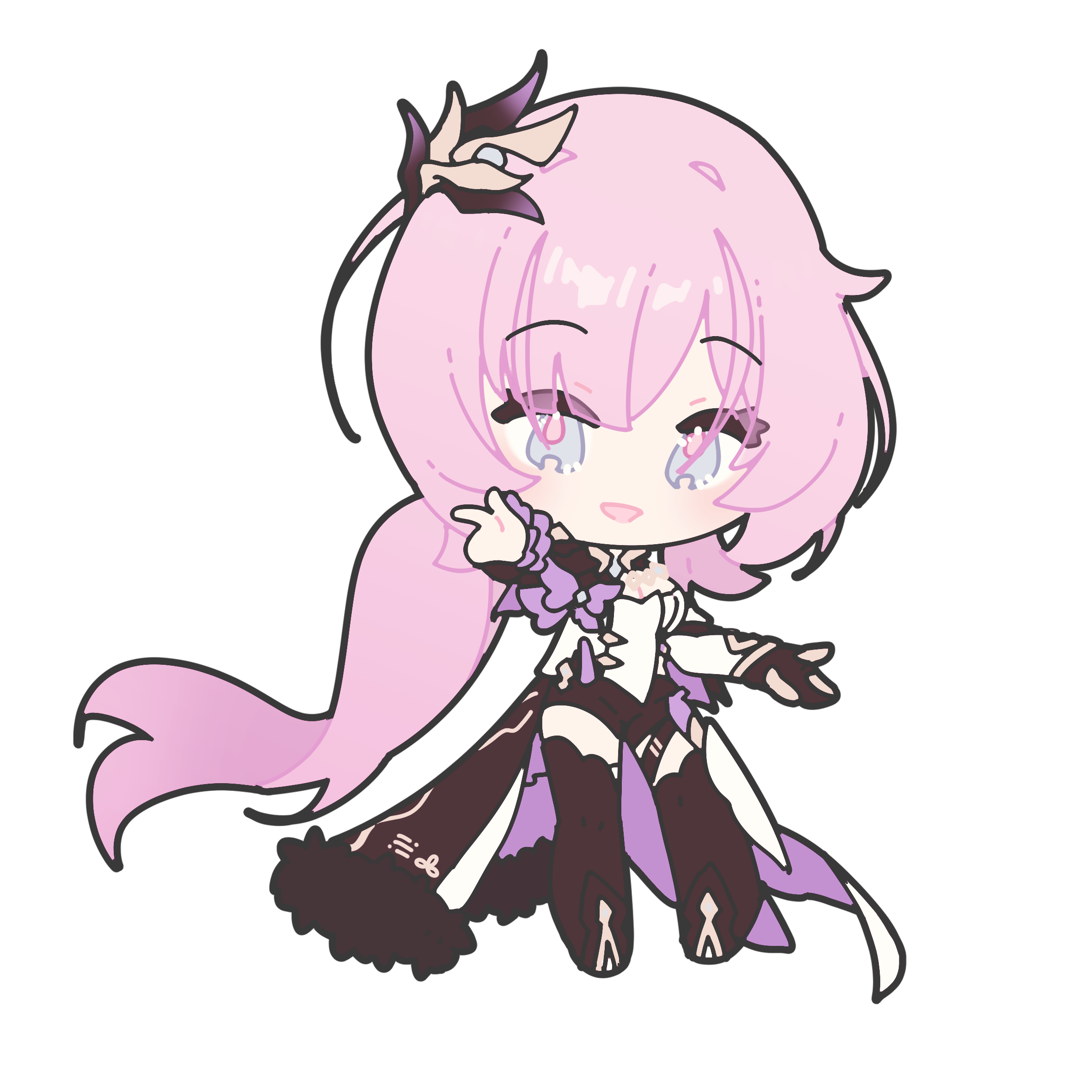 esther 412, elysia (honkai impact), elysia (miss pink elf) (honkai impact), honkai (series), honkai impact 3rd, commentary request, highres, 1girl, black boots, black gloves, black shorts, blue eyes, boots, breasts, cape, chibi, chibi only, corset, gloves, hair ornament, long hair, looking at viewer, pink hair, shorts, single glove, smile, solo, transparent background, very long hair, white corset