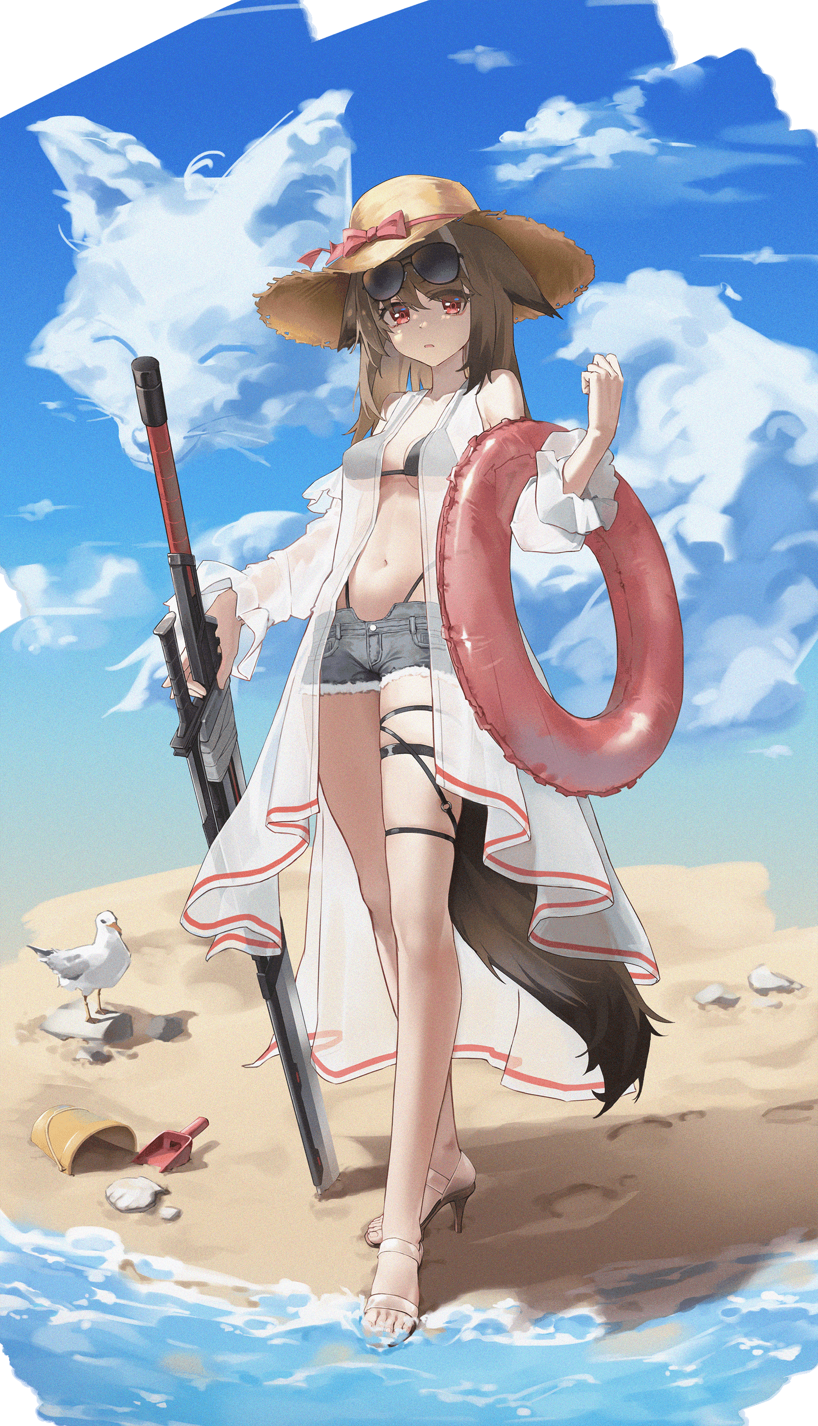 koshouko (fenrisulfr1010), cutter (arknights), arknights, absurdres, commentary request, highres, 1girl, alternate costume, animal ears, bare shoulders, beach, bikini, bikini under shorts, bird, black bikini, blue sky, bow, breasts, brown hair, cloud, cloudy sky, day, denim, denim shorts, detached sleeves, eyewear on head, film grain, footprints, fox, fox ears, fox girl, fox tail, full body, hat, hat ribbon, high heels, holding, holding swim ring, holding sword, holding weapon, innertube, legs, looking at viewer, medium breasts, medium hair, multiple thigh straps, navel, outdoors, parted lips, red bow, red eyes, red ribbon, ribbon, sand, sand bucket, sandals, seagull, seashell, see-through clothes, see-through sleeves, shaped cloud, shell, short shorts, shorts, sky, solo, standing, stomach, straw hat, sunglasses, swim ring, swimsuit, swimsuit cover-up, sword, tail, toes, underboob, weapon, white sandals