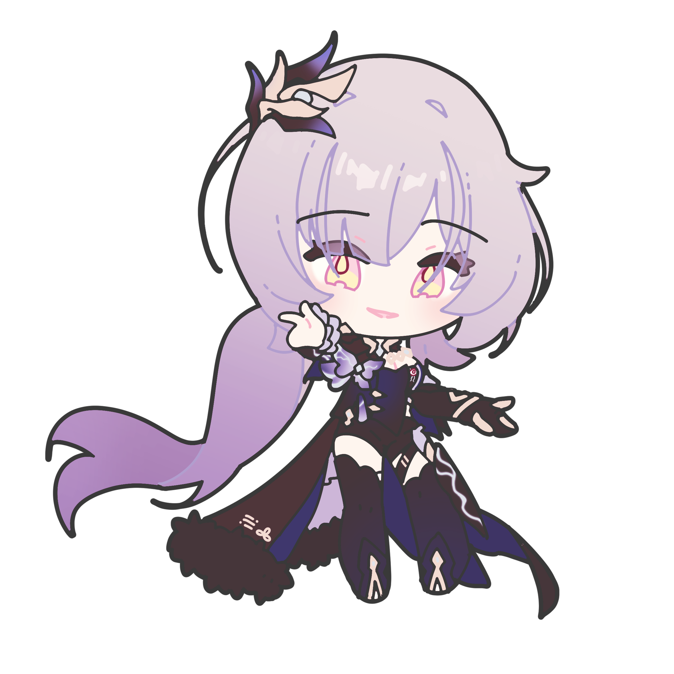 esther 412, elysia (honkai impact), elysia (miss pink elf) (honkai impact), herrscher of corruption, honkai (series), honkai impact 3rd, commentary request, highres, 1girl, black boots, black gloves, black shoes, black shorts, blue corset, boots, breasts, cape, chibi, chibi only, corset, gloves, hair ornament, looking at viewer, orange eyes, parted lips, purple hair, shoes, shorts, single glove, solo, transparent background