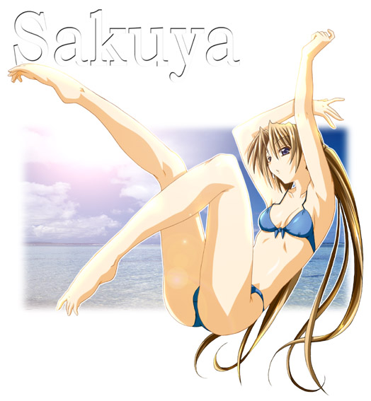 sakuya (sister princess), sister princess, 00s, armpits, arms up, bikini, blue bikini, blue eyes, brown hair, character name, long hair, solo, swimsuit