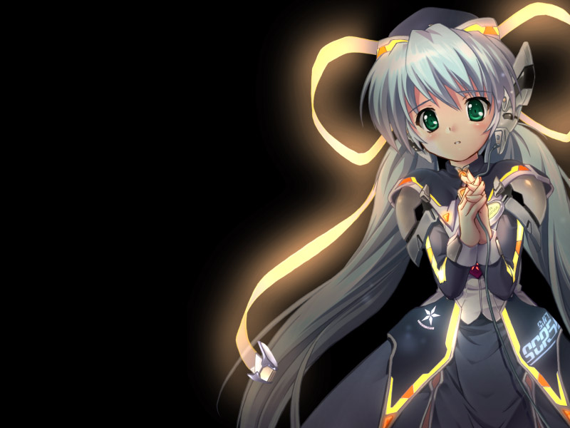 komatsu eiji, hoshino yumemi, planetarian, game cg, 00s, 1girl, armor, armored dress, blue hair, dress, female focus, gradient background, green eyes, looking at viewer, neon trim, own hands together, solo, twintails, worried