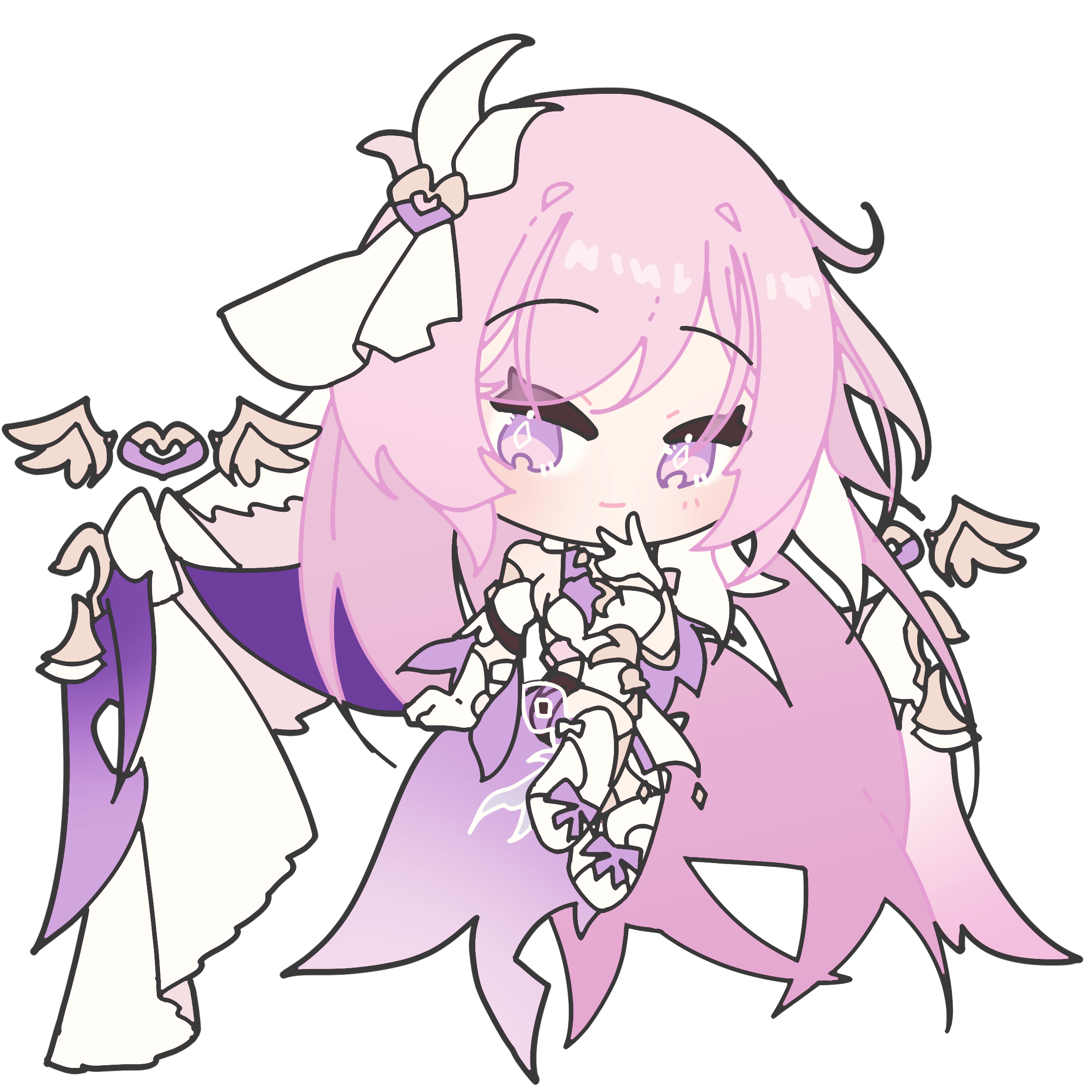 esther 412, elysia (herrscher of human: ego) (honkai impact), elysia (honkai impact), honkai (series), honkai impact 3rd, commentary request, highres, translation request, 1girl, bell, boots, chibi, chibi only, corset, diamond-shaped pupils, diamond (shape), floating, gloves, long hair, looking at viewer, multicolored hair, pink hair, purple eyes, smile, solo, symbol-shaped pupils, two-tone hair, veil, very long hair, white boots, white corset, white gloves, white hair, white veil