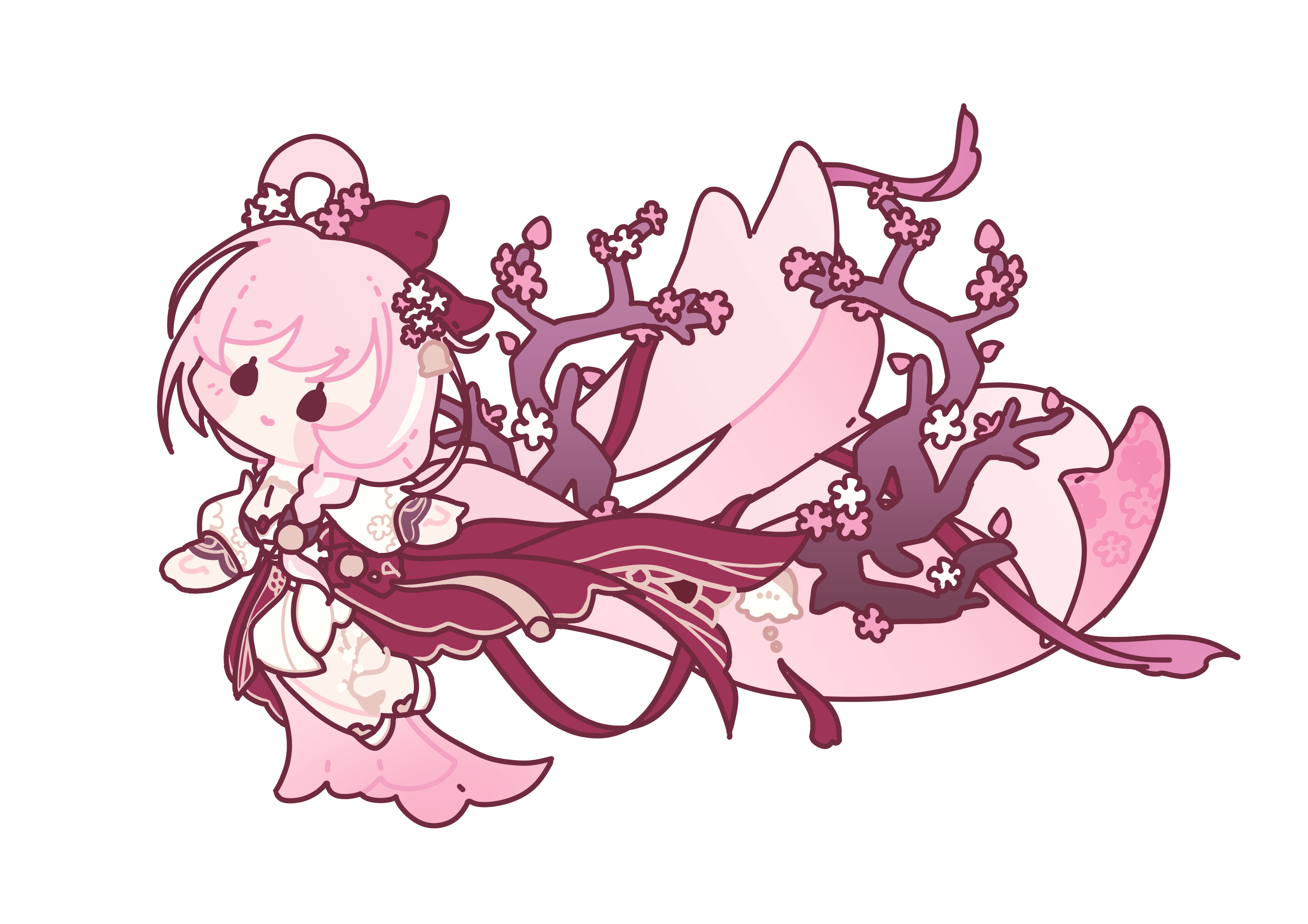 esther 412, elysia (herrscher of human: ego) (honkai impact), elysia (honkai impact), elysia (peachy spring) (honkai impact), honkai (series), honkai impact 3rd, absurdres, commentary request, highres, 1girl, absurdly long hair, branch, cherry, chibi, chibi only, dress, flower, food, fruit, hair flower, hair ornament, long hair, official alternate costume, pink hair, red dress, shoes, solo, transparent background, very long hair, white shoes