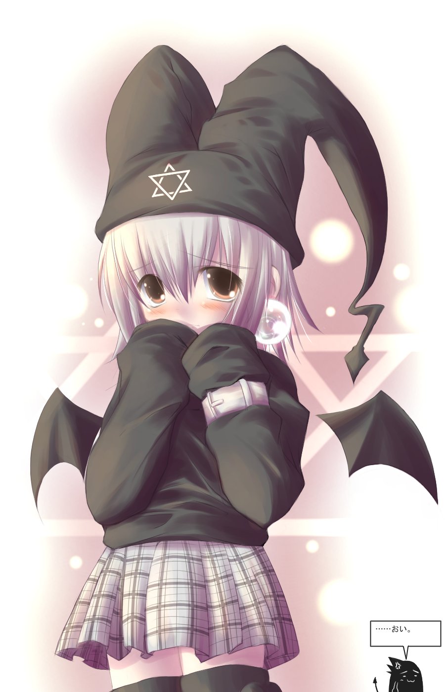 hako (dollspro), kuro unyuu, mayura, ukagaka, highres, 1girl, anger vein, bat wings, black thighhighs, blush, covering own mouth, demon girl, female focus, hat, hexagram, jester cap, looking at viewer, miniskirt, plaid clothes, plaid skirt, skirt, solo, thighhighs, wings, zettai ryouiki