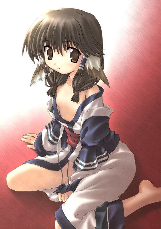 aoi kumiko, aruruu, utawarerumono, jpeg artifacts, 00s, 1girl, animal ears, dog ears, female focus, flat chest, japanese clothes, miko, no bra, open clothes, open shirt, shirt, sitting, solo, wariza
