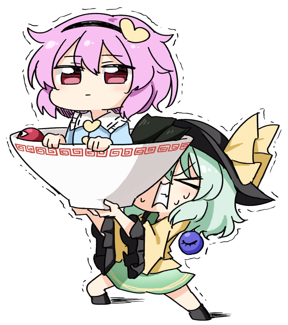 suwa yasai, komeiji koishi, komeiji satori, touhou, 2girls, black hairband, black hat, blouse, blue shirt, bow, bowl, chibi, closed eyes, closed mouth, eyeball, frilled sleeves, frills, full body, green eyes, green hair, hairband, hat, hat bow, heart, heavy, holding, holding bowl, long sleeves, multiple girls, pink hair, shirt, siblings, sisters, sweat, third eye, trembling, upper body, wide sleeves, yellow bow, yellow shirt