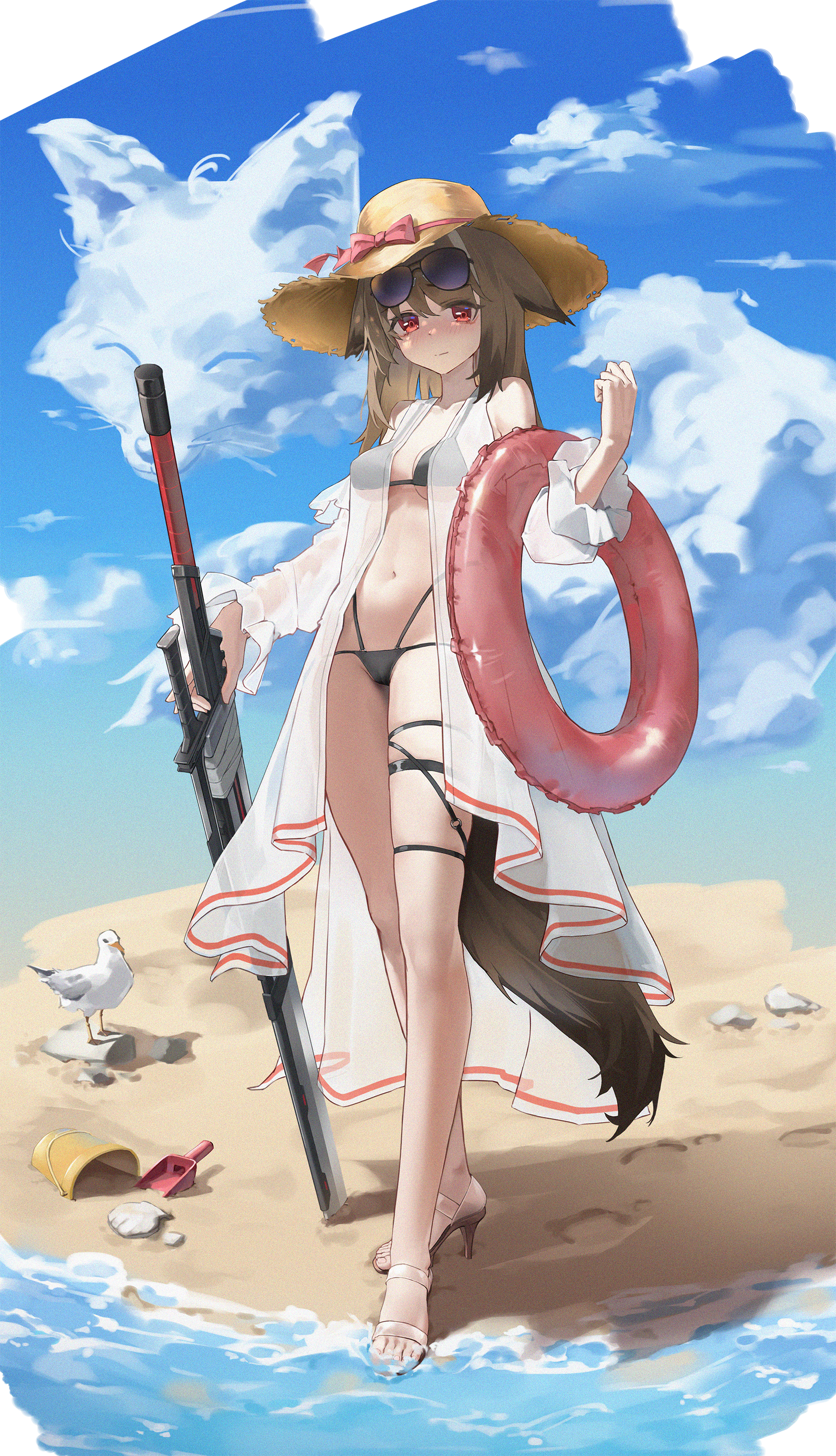 koshouko (fenrisulfr1010), cutter (arknights), arknights, absurdres, commentary request, highres, 1girl, alternate costume, animal ears, bare shoulders, beach, bikini, bird, black bikini, blue sky, blush, bow, breasts, brown hair, cameltoe, closed mouth, cloud, cloudy sky, day, detached sleeves, eyewear on head, film grain, footprints, fox, fox ears, fox girl, fox tail, full body, hat, hat ribbon, high heels, holding, holding swim ring, holding sword, holding weapon, innertube, legs, looking at viewer, medium breasts, medium hair, multiple thigh straps, navel, o-ring, o-ring bikini, outdoors, red bow, red eyes, red ribbon, ribbon, sand, sand bucket, sandals, seagull, seashell, see-through clothes, see-through sleeves, shaped cloud, shell, sky, solo, standing, stomach, straw hat, sunglasses, swim ring, swimsuit, swimsuit cover-up, sword, tail, toes, underboob, weapon, white sandals