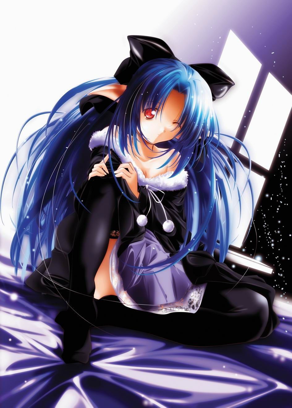 yukirin, len (tsukihime), tsukihime, highres, 00s, bed, black thighhighs, blue hair, bow, hair bow, pointy ears, red eyes, ribbon, solo, thighhighs