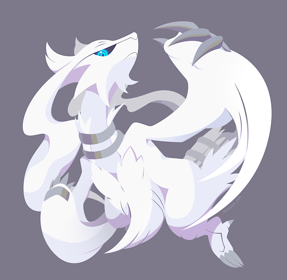 hisashi999, reshiram, nintendo, pokemon, commentary request, animal focus, black sclera, blue eyes, claws, closed mouth, colored sclera, full body, gen 5 pokemon, grey background, legendary pokemon, looking at viewer, no humans, pokemon (creature), simple background, solo