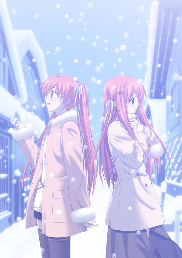 kani biimu, takaoka miyuki, takaoka sayuki, touji no sato, 2girls, back-to-back, blue eyes, coat, green eyes, hair ribbon, long hair, multiple girls, outdoors, pink hair, profile, ribbon, siblings, sisters, skirt, smile, snow, snowing, thighhighs, twins, twintails, zettai ryouiki