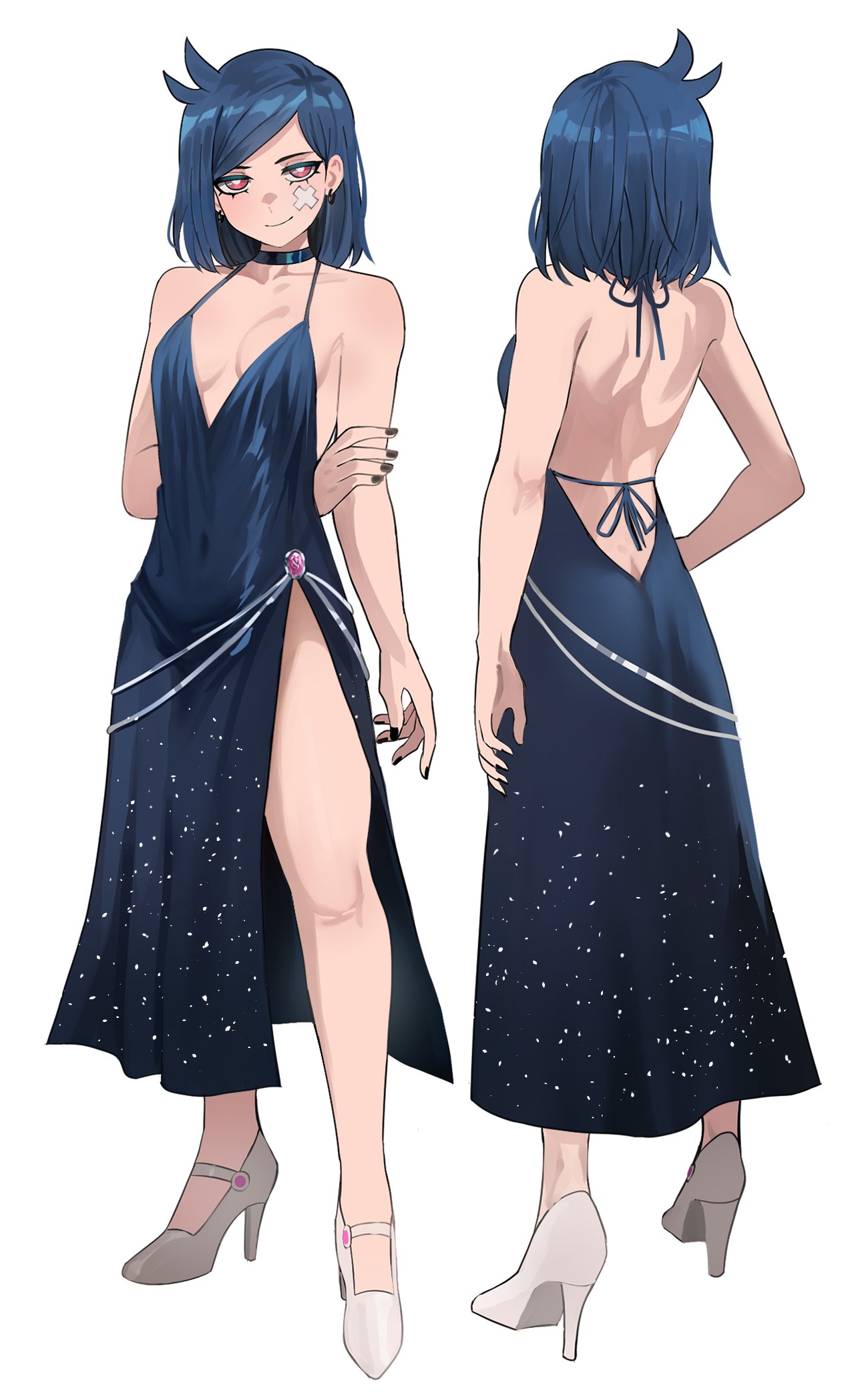 jourd4n, ji-yoon (jourd4n), original, commentary, english commentary, highres, 1girl, backless dress, backless outfit, bandaid, bandaid on cheek, bandaid on face, black nails, blue dress, blue hair, breasts, cleavage, dress, earrings, from behind, full body, hand on own arm, high heels, jewelry, looking ahead, medium hair, multiple views, red eyes, ribbon, shoes, side slit, single bare leg, small breasts, smirk, standing, starry sky print, turnaround, white shoes