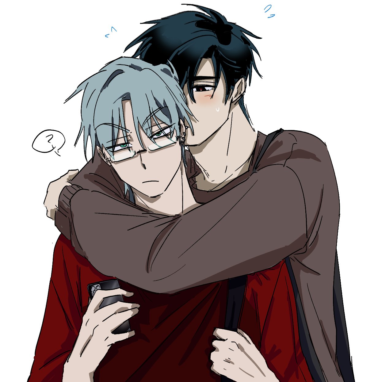 br3adhouse, ivan (alien stage), till (alien stage), alien stage, bad id, bad twitter id, highres, 2boys, ?, black eyes, black hair, brown sweater, cellphone, closed mouth, frown, glasses, green eyes, holding, holding phone, hug, male focus, multiple boys, phone, red shirt, shirt, short hair, smartphone, spoken question mark, sweater