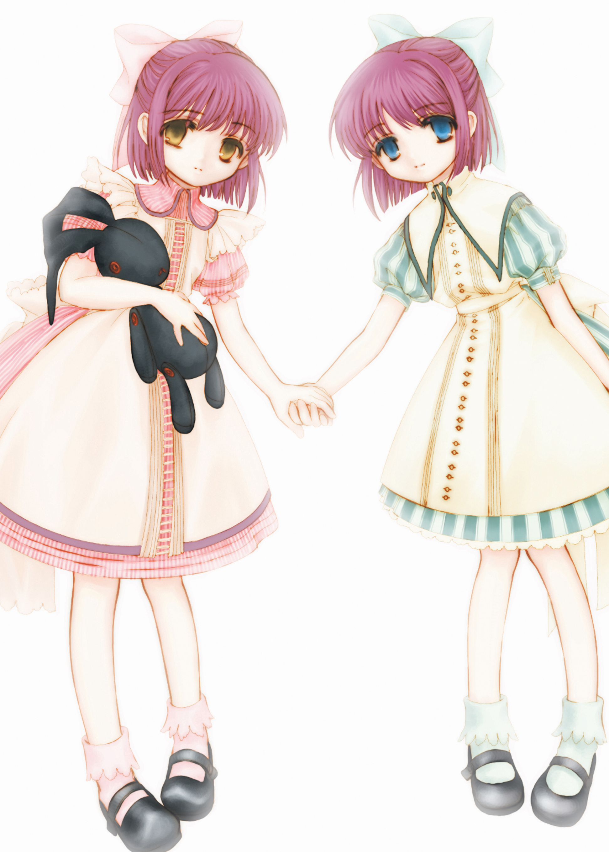 hisui (tsukihime), kohaku (tsukihime), tsukihime, absurdres, highres, 00s, 2girls, aged down, blue eyes, child, holding hands, mary janes, multiple girls, purple hair, shoes, short hair, siblings, simple background, sisters, standing, stuffed animal, stuffed rabbit, stuffed toy, twins, white background, yellow eyes