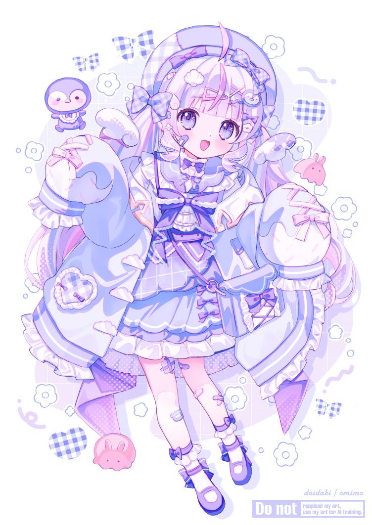 d omm, sango (35sangosan) (vtuber), indie virtual youtuber, commentary, commission, english commentary, skeb commission, 1girl, bandaid, bandaid on leg, beret, blue coat, blush, bow, bowtie, coat, dress, hat, layered dress, looking at viewer, mary janes, multicolored hair, open mouth, pink bow, pink hair, plaid bow, purple bow, purple bowtie, purple dress, purple eyes, purple hair, purple hat, purple shoes, shadow, shoes, simple background, sleeves past fingers, sleeves past wrists, smile, socks, solo, streaked hair, virtual youtuber, watermark, white background, white socks