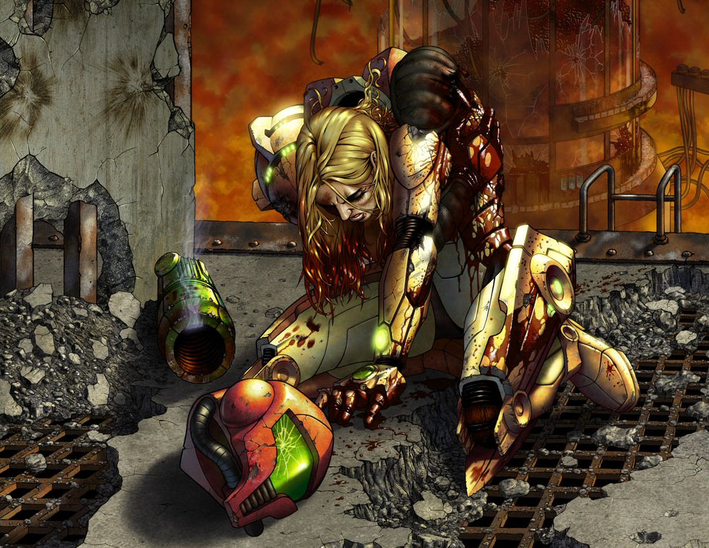 samus aran, metroid, nintendo, 1980s (style), artist request, spoilers, 1girl, armor, bad end, battle damage, bleeding, blonde hair, blood, blood drip, blood in hair, blood on clothes, broken glass, bruise, cable, female focus, glass, gun, helmet, injury, long hair, mecha, oldschool, pain, power armor, power suit (metroid), realistic, retro artstyle, robot, ruins, science fiction, solo, unworn headwear, unworn helmet, varia suit, weapon