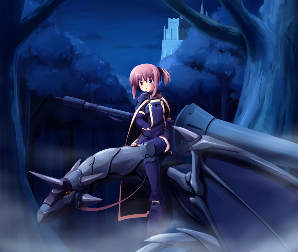 1girl, dragon, female focus, knight, lance, mecha, polearm, robot, sky, solo, spear, tree, weapon