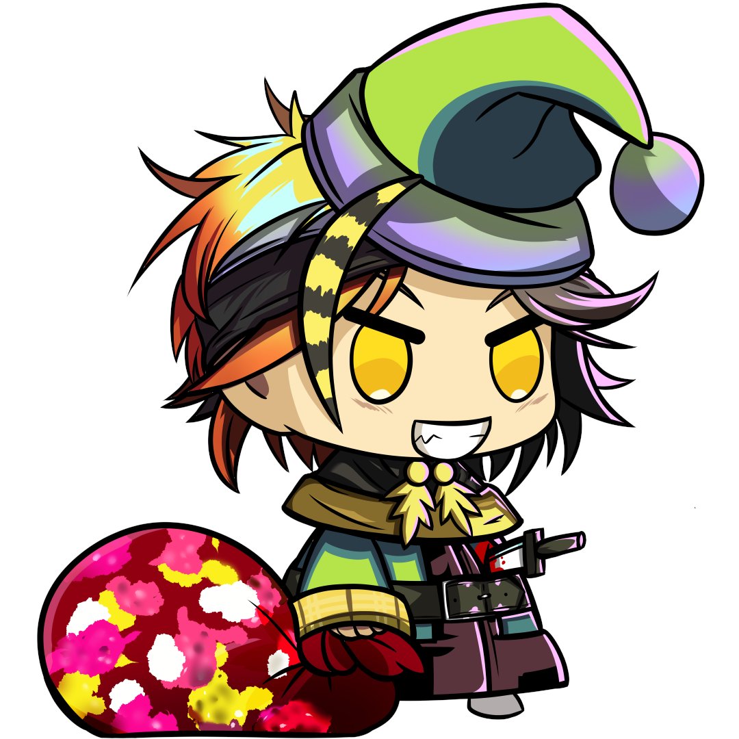 kouto matai, torataro (dohna dohna), dohna dohna issho ni warui koto o shiyou, 1boy, belt, black belt, black capelet, blood, capelet, chibi, chibi only, full body, green hat, grin, hat, holding, holding sack, knife, long sleeves, male focus, meme, orange hair, padoru (meme), sack, santa hat, short hair, simple background, smile, solo, v-shaped eyebrows, white background, yellow eyes