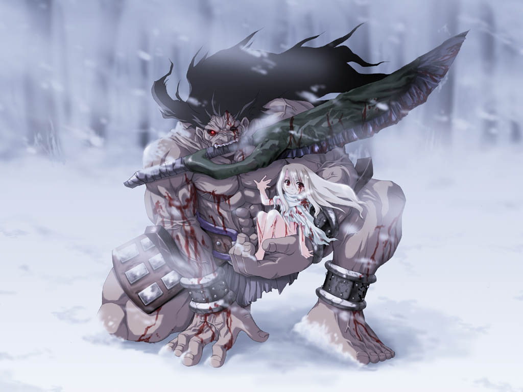 heracles (fate), illyasviel von einzbern, fate/stay night, fate (series), 00s, 1boy, 1girl, arm support, bare legs, black hair, bleeding, blizzard, blood, blood on clothes, blood on face, bloody weapon, glowing, glowing eye, hand on another's chest, in palm, injury, long hair, manly, mouth hold, official alternate costume, on one knee, size difference, snow, snowing, sword, torn clothes, weapon, white hair, wind, wind lift