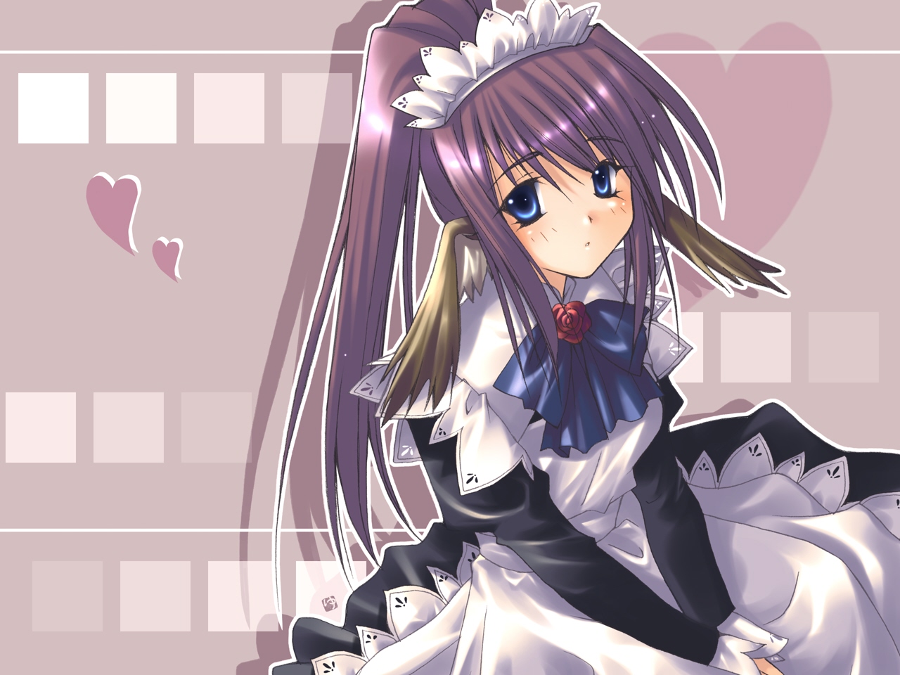 touka (utawarerumono), aruruw to asobo!!, utawarerumono, 00s, 1girl, apron, blue eyes, bow, cosplay, female focus, flower, head wings, headdress, lace, long hair, maid, maid apron, ponytail, purple hair, rose, sitting, solo, wings