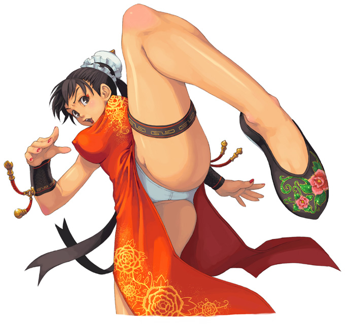 maruta kentarou, chun-li, capcom, street fighter, 1girl, black hair, breasts, bun cover, china dress, chinese clothes, covered erect nipples, double bun, dress, eyeshadow, female focus, hair bun, high kick, kicking, large breasts, legs, makeup, nail polish, panties, pantyshot, pelvic curtain, red nails, shoes, solo, thigh strap, thighs, underwear, white panties