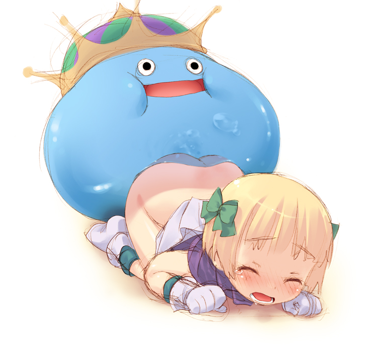 hanainu (orange bullet), makochin, hero's daughter (dq5), king slime (dragon quest), slime (dragon quest), dragon quest, dragon quest v, 1girl, :d, ^ ^, ass, bestiality, black eyes, blob, blonde hair, blue skin, blush, boots, bottomless, bow, closed eyes, clothed sex, clothes lift, colored skin, crown, doggystyle, dress, dress lift, feet, female orgasm, full body, gloves, gradient background, hair bow, hat, head back, loli, monster, monster sex, multicolored crown, no panties, open mouth, orgasm, rape, see-through body, see-through clothes, sex, sex from behind, short dress, simple background, sketch, smile, socks, solo, suraimu, tears, top-down bottom-up, vaginal, wince