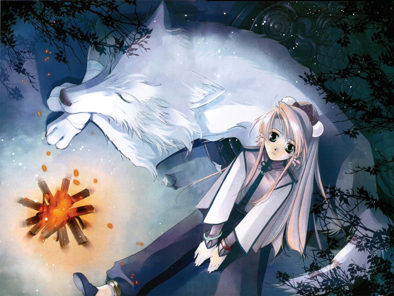 shiina yuu, original, 1girl, bracelet, branch, campfire, embers, female focus, from above, green eyes, jewelry, long hair, long sleeves, looking up, pants, sitting, snow, snowing, solo, wolf