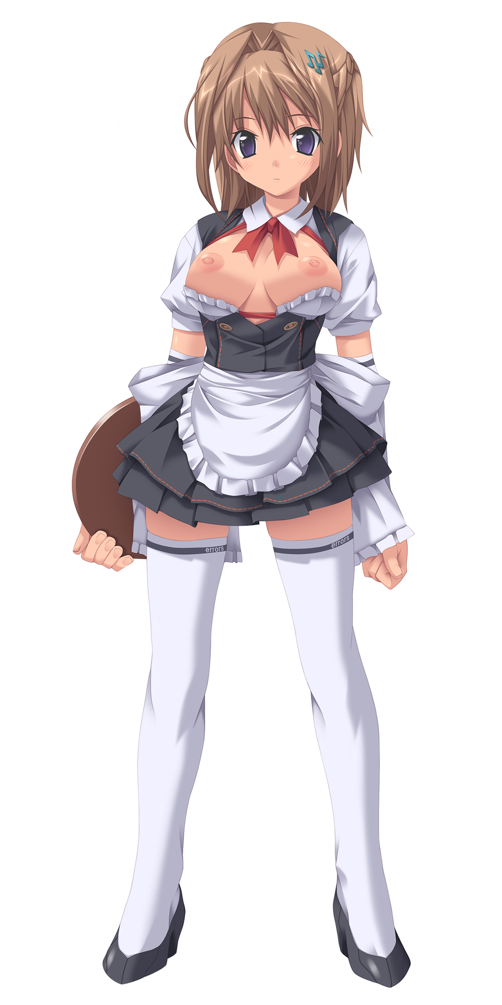 koku, highres, 1girl, breasts, brown hair, female focus, nipples, no bra, puffy nipples, purple eyes, solo, thighhighs, topless female, waitress, zettai ryouiki